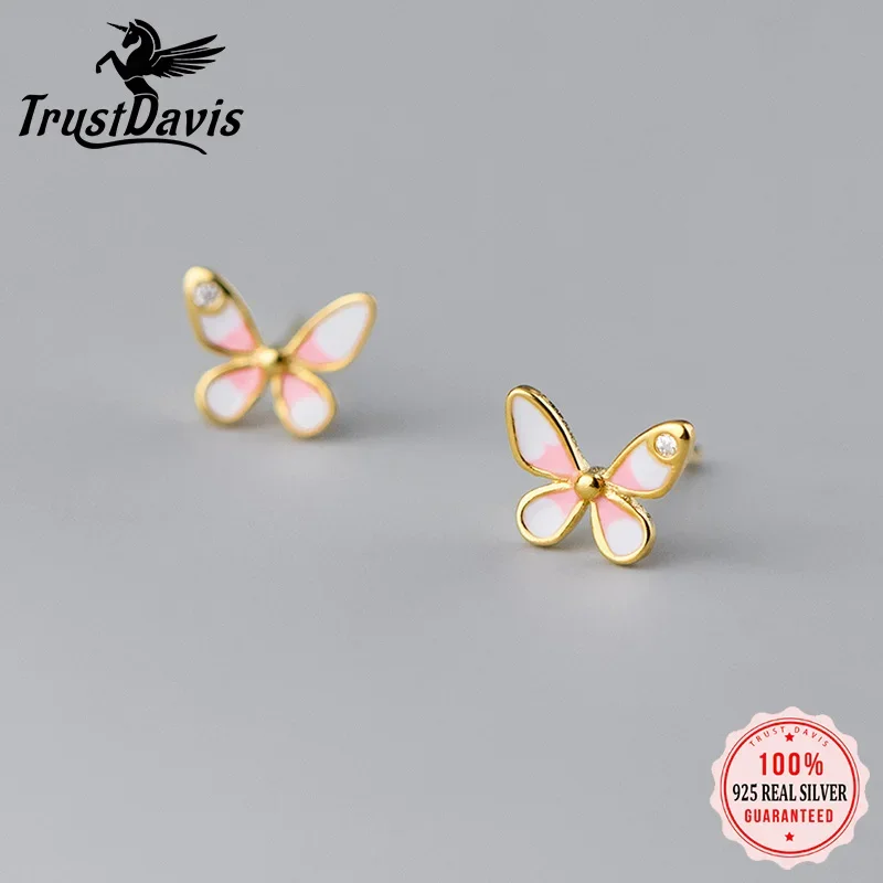 TrustDavis Real 925 Sterling Silver Kids Earring Insect Butterfly Glaze CZ Stud Earrings For Daughter Girls Jewelry Gift DB1271