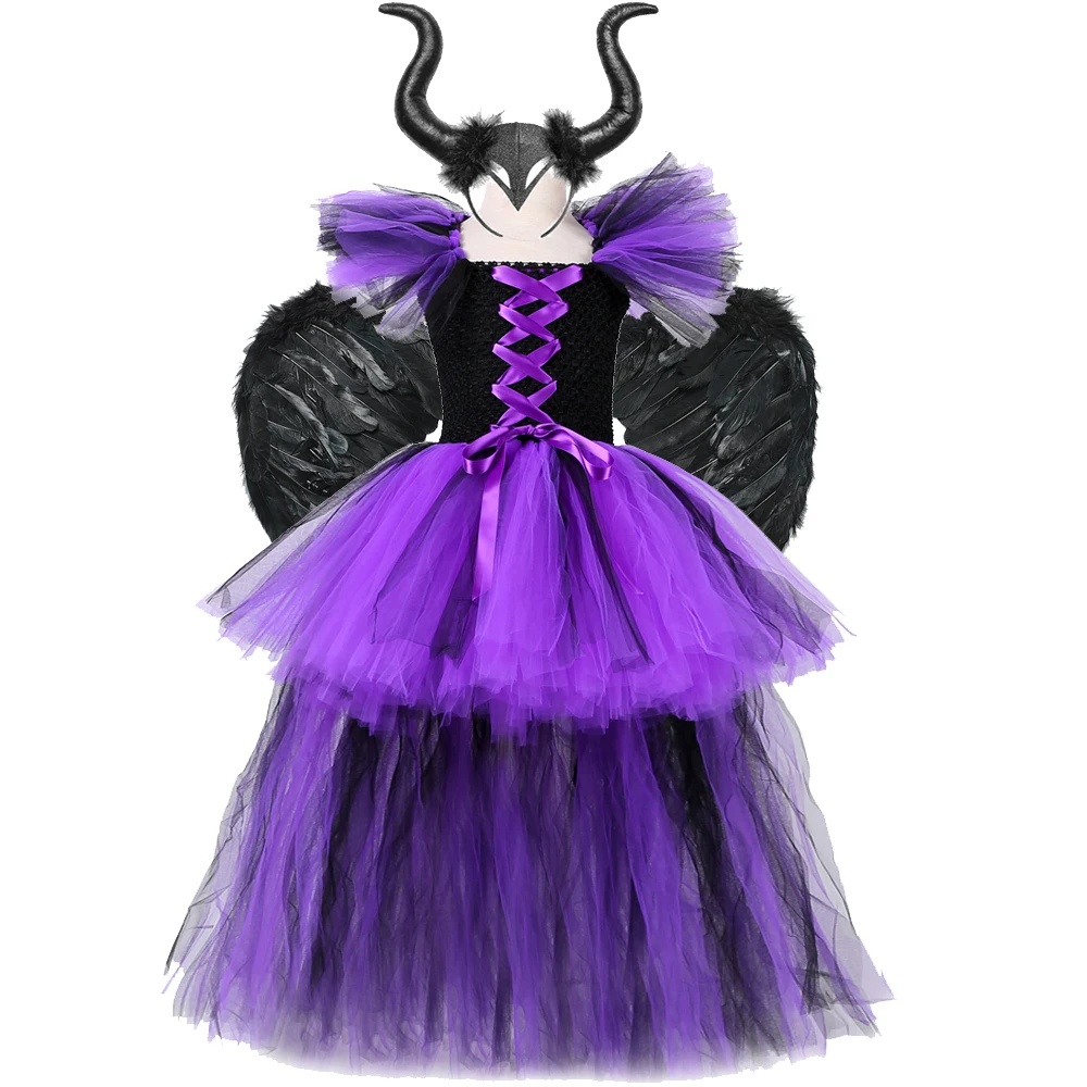 Black Purple Maleficant Long Costumes Girls Halloween Evil Witch Lined Tutu Dress Kids Carnival Outfit with Feather Wings Horns