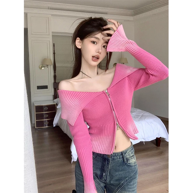 MEXZT Y2K Cropped Cardigan Women Slash Neck Gradient Sweater Coat Streetwear Off Shoulder Knitwear Korean Zipper Bodycon Jumpers