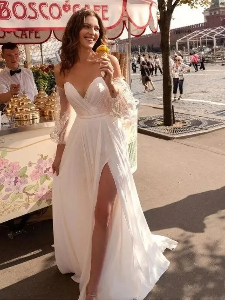 

New Beach Wedding Dresses Sweetheart Lace Chiffon Prom Dress With Detachable Sleeves Side Split Boho Bridal Gowns Custom