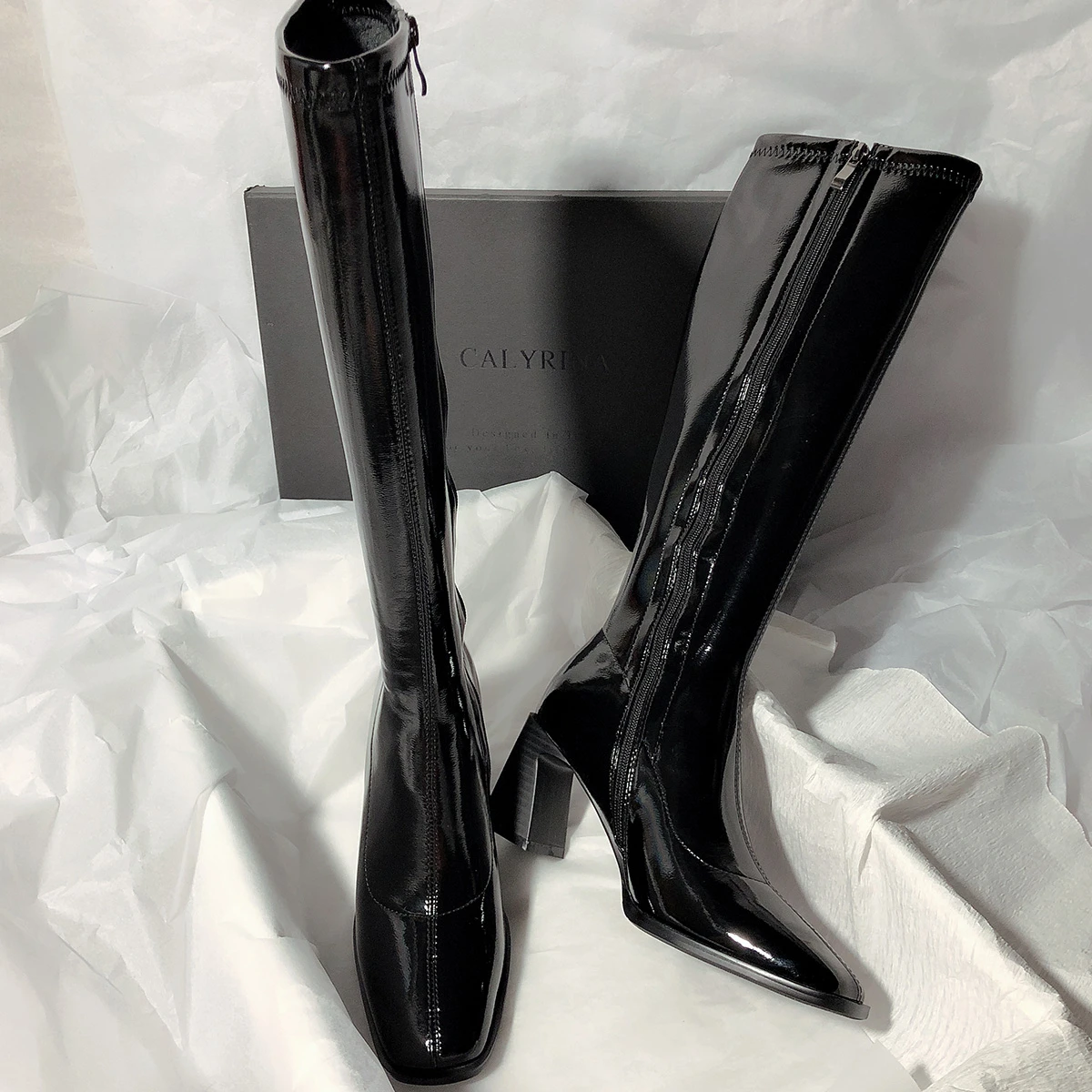 2022 7CM Women Long Boots High Quality Leather Patent Leather Ladies Zip Knight Boots Fashion High Heel Knee-high lady Boots