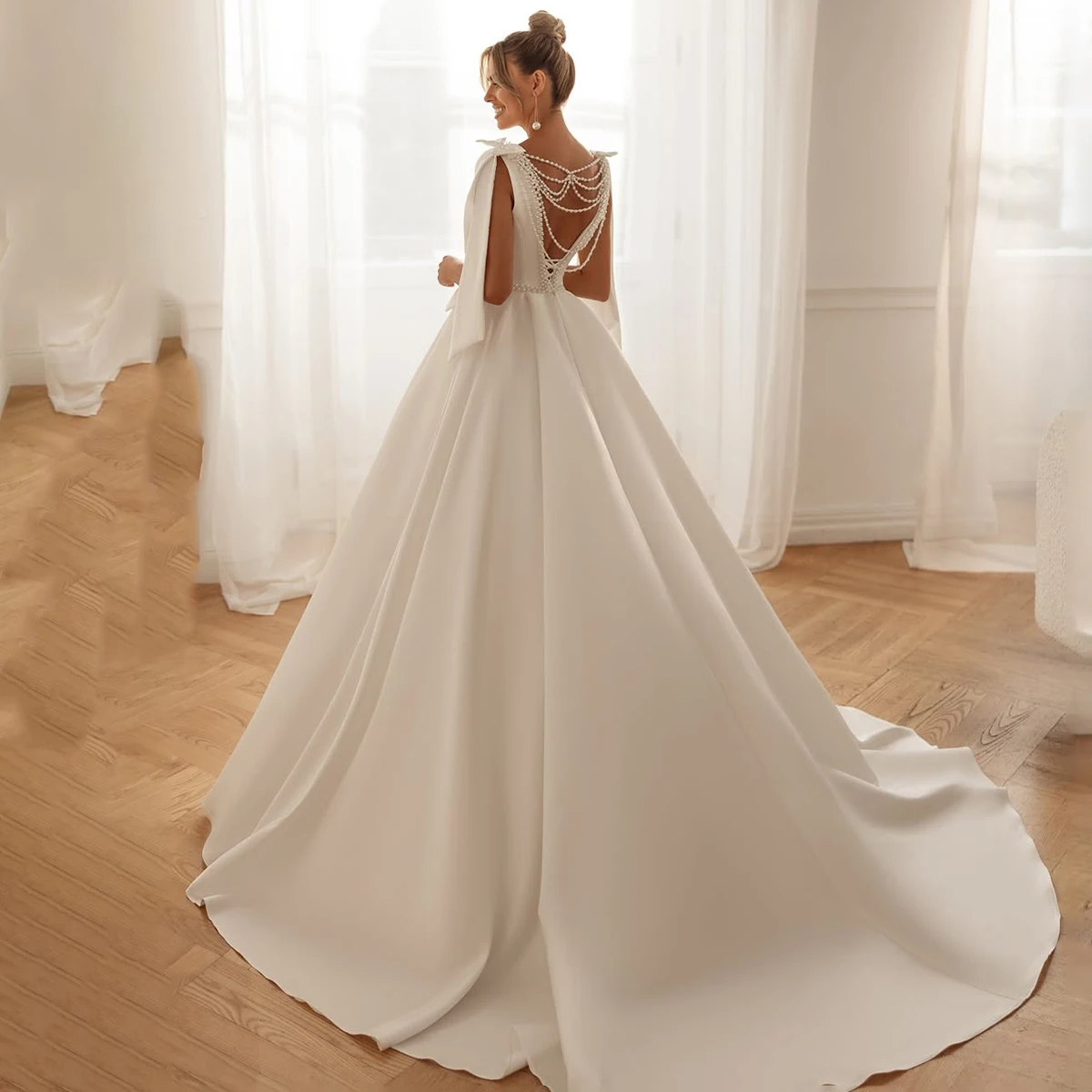 Clássico cetim cinta de espaguete longo vestido de baile vestidos de casamento com arco pérola vestido de noiva para mulheres novia
