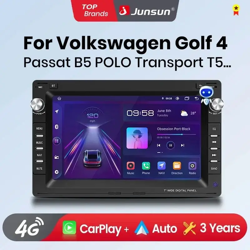 Autoradio Junsun 7 pouces pour VW Golf 4 Passat POLO Transport T5 Multivan Jetta, CarPlay sans fil, Android Auto, GPS Navi, stéréo SWC, BT, FM, AM, RDS, DSP, 2Din, Mirror Link, lecteur multimédia, commande vocale AI