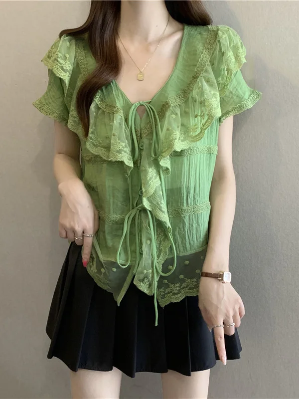 

Green Lace Trim V-Neck Shoulder Shirt Women's Stylish Summer New plus Size Forest System Top Korean Style Loose Fit Short Sleeve