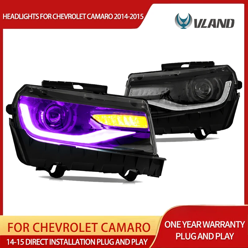 

2014-2015 Chevy Camaro RGB светодиодные двухлучевые фары для проектора, черный корпус, управление через приложение, изменение цвета, обновление DRL