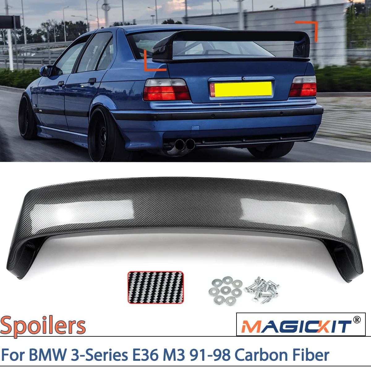 MAGICKIT For BMW 3-Series E36 M3 1991-1998 Carbon Fiber LTW GT Style Rear Trunk Spoiler Wing Car Accessories Carbon Fiber Look