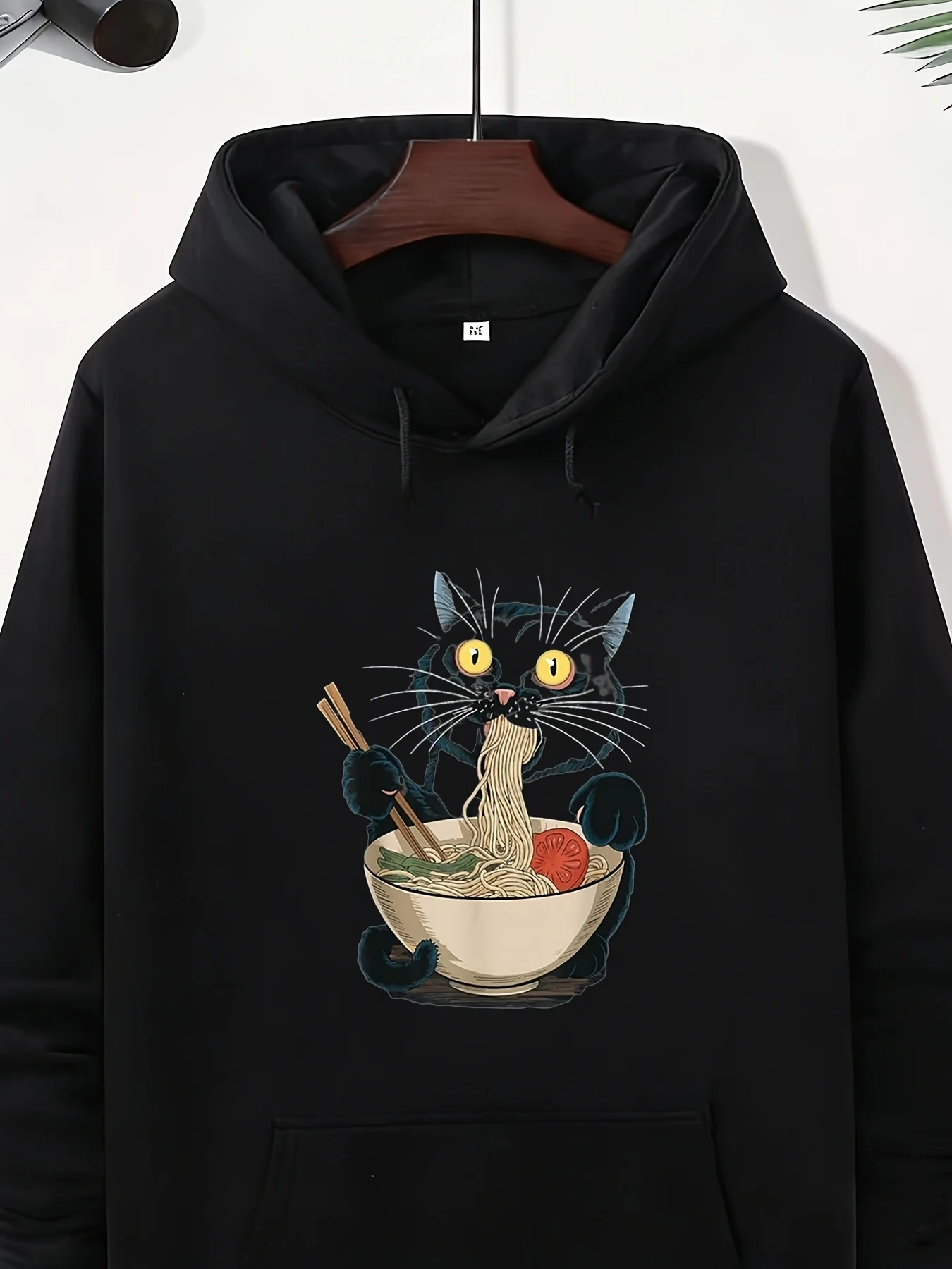 1-Piece Set: Fun Japanese-Style Cat Eating Ramen Cute Anime Cat Pattern, Featuring Printed Chopsticks and Miso Soup Bowl, Soft Unisex Japanese Anime Style Casual Wear, Men's Printed Hoodie, Casual Knit Fabric, Drawstring Drop Shoulder Long Sleeve Winter Pullover Hoodie
