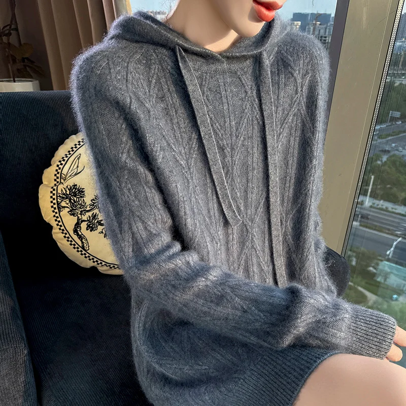 Suéter feminino para o calor do inverno, pulôver com capuz 100% caxemira de vison, elegante e moderno, alongado, cor sólida solta vers