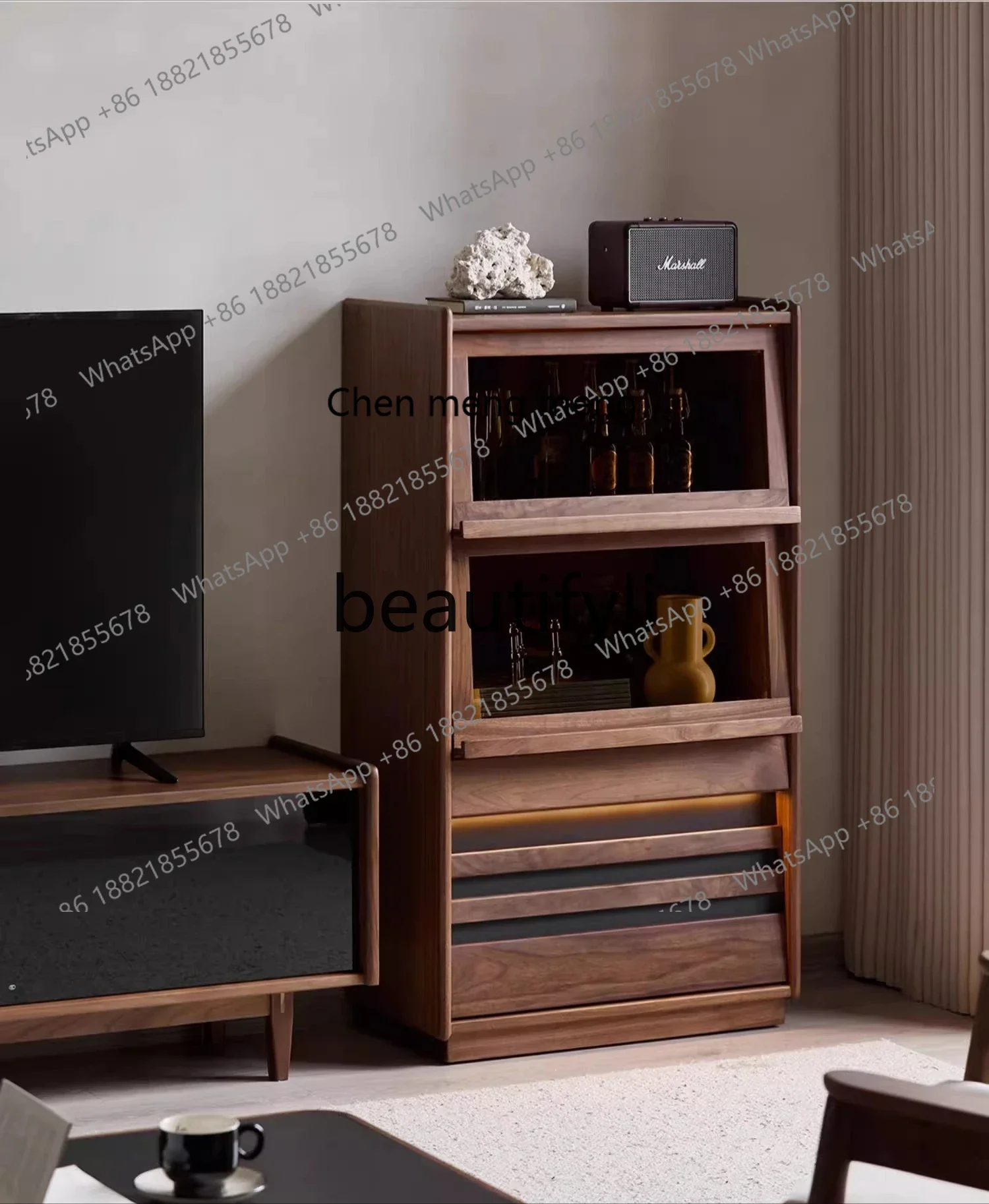 

N178 Solid wood chest of drawers Nordic black walnut living room bedroom retro drawer cabinet storage side cabinet5556