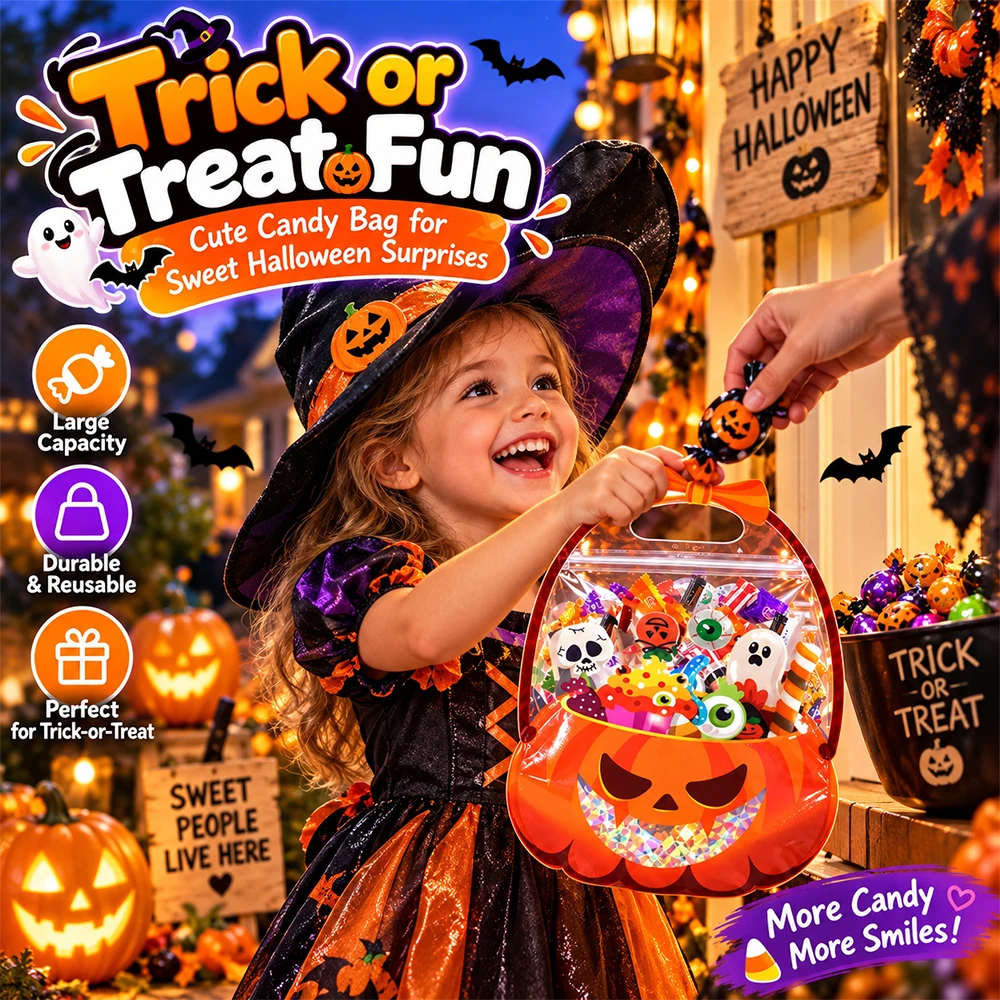 5/10/20 Stück Halloween-Süßigkeitentüten mit Griffen, wiederverschließbare Plastiktüten für „Trick or Treat“, große Geschenktüten für Süßigkeiten. – Detail 2