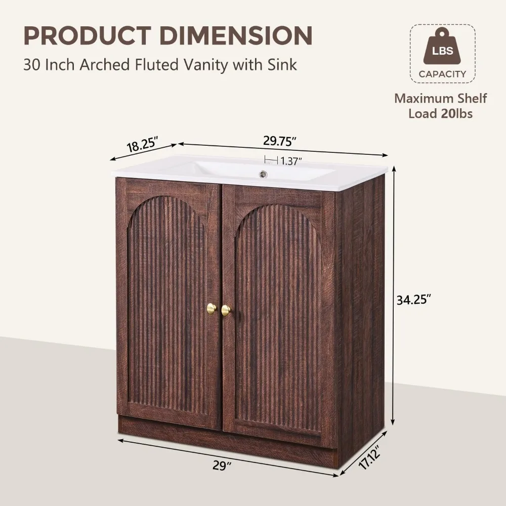 30 Inch Arched Bathroom Vanity with Sink, Fluted Design, Dark Walnut