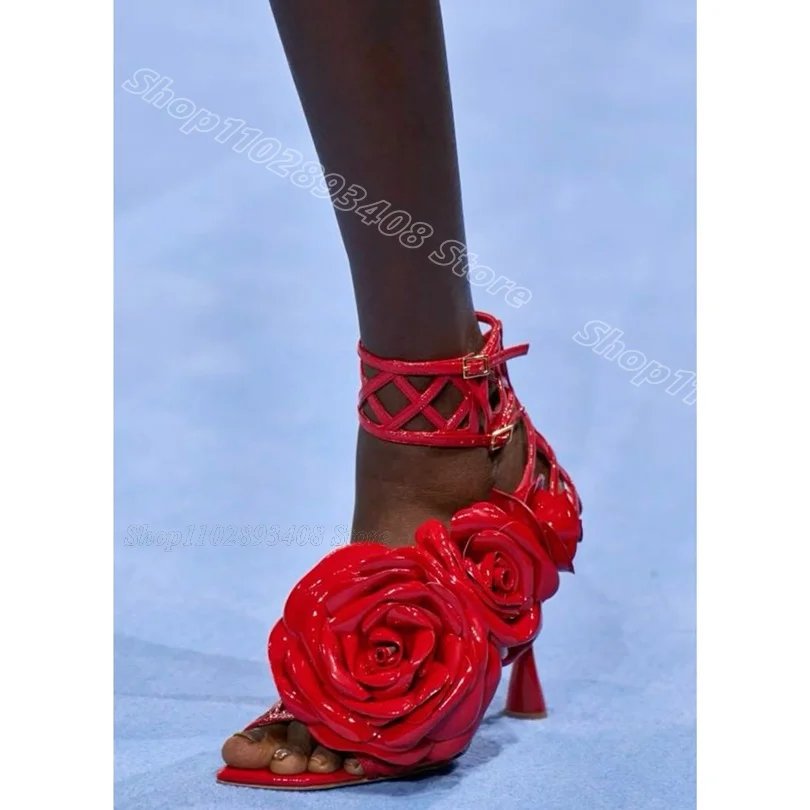 

Red Flower Decor Patent Leather Sandals Open Toe Stiletto Fashion British Style Party for Women Shoes 2024 Zapatos Para Mujere