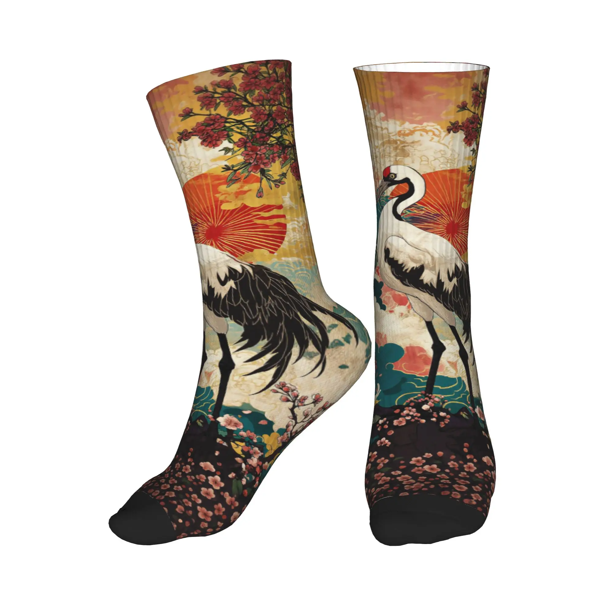 Chaussettes unisexes à la mode pour hommes, motif Ukiyo-e Double Crane Cherry Blossom Sun Oriental, chaussettes chaudes et respirantes à imprimé 3D