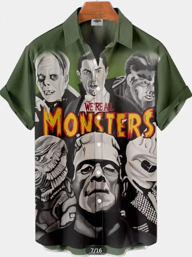 

Printed Character Summer ort Sve Sved irt Loose Fit Collar Regular Length Button Closure Casual Menswear