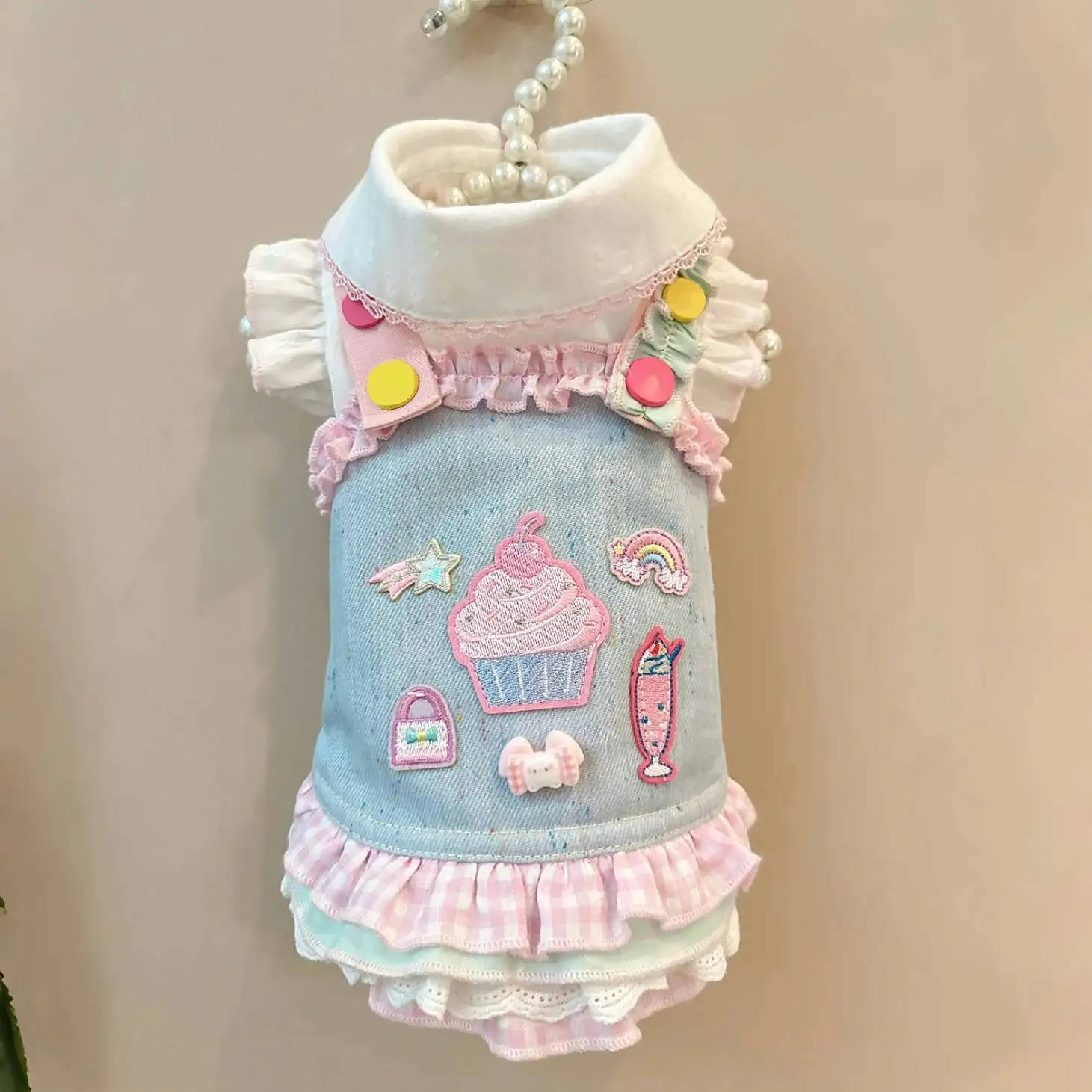 Cute Denim Dog Dress with Cupcake Embroidery Ruffle Skirt Pet Outfit for Small Dogs Chihuahua Yorkie Poodle Puppy Summer Clothes