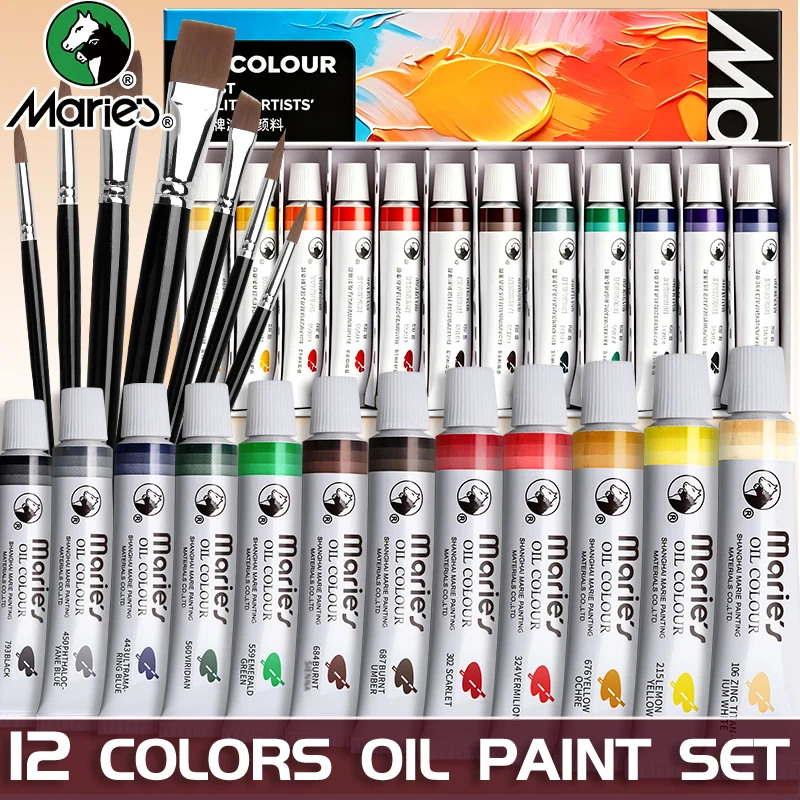 Kit de peinture à l'huile Marie, 19 pièces, pigments à base d'huile de 12 couleurs et 7 pinceaux, Tubes de 12ml/0.42oz, ensemble de peinture à l'huile vibrante pour artisans