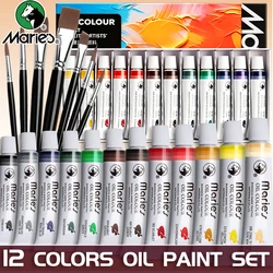 19 pcs Marie's Oil Paint Kit,12 Colors Oil-Based Pigment & 7pcs Brushes,12ml/0.42oz Tubes,Vibrant Oil Painting Set for Crafters