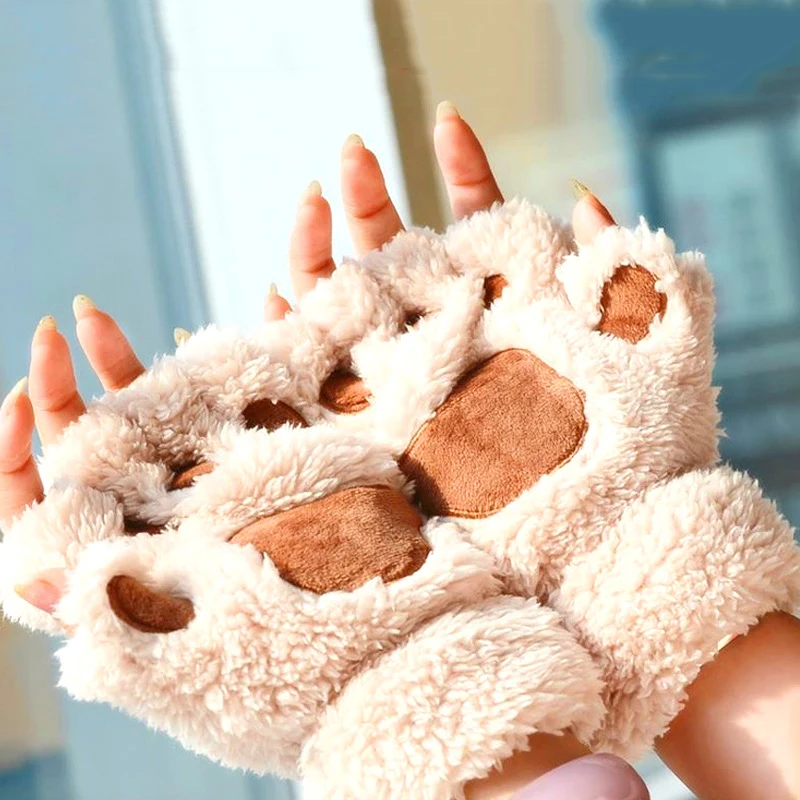 

1Pair Cute Cat Paw Gloves Lovely Fluffy Plush Bear Paw Fingerless Mittens With Rope Women Winter Warmer Half Finger Gloves Gifts