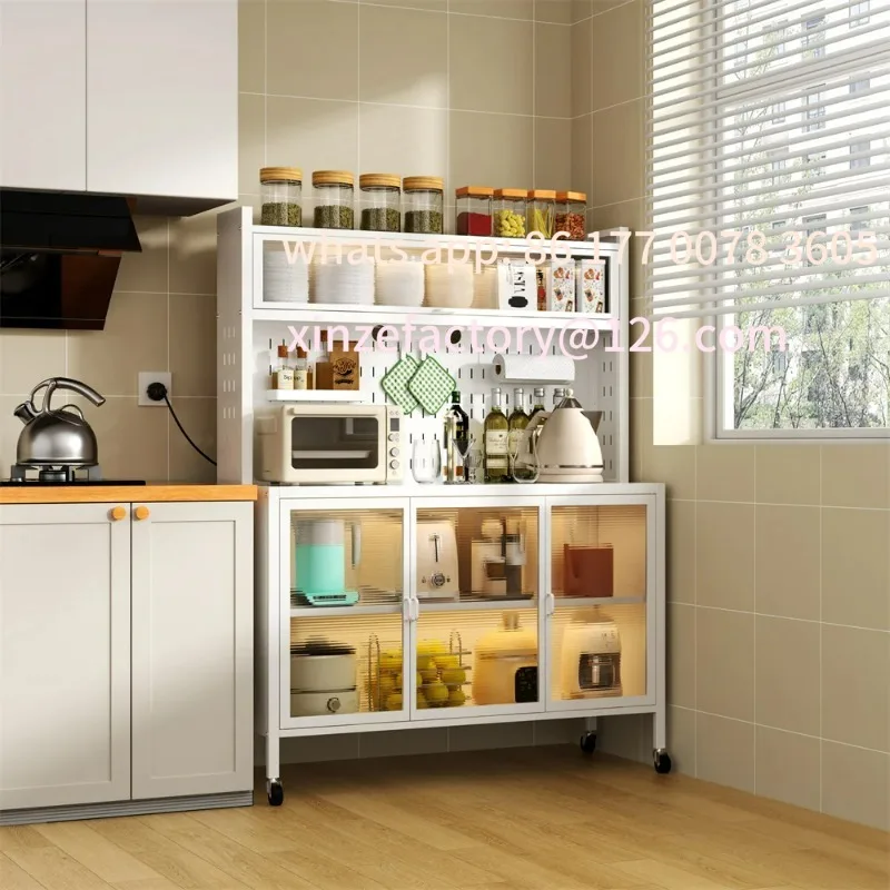 Настраиваемый многофункциональный металлический стальной кухонный шкаф для хранения со стеклянными дверями и перфорированными полками