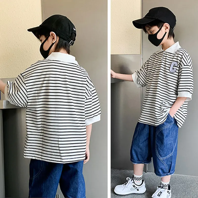 

Boys' Summer Casual Outfits Size120-170 Striped T-shirt+Capris Jeans 2pcs Sportswear Teenagers Hip Hop Streetwear Clothes Suits