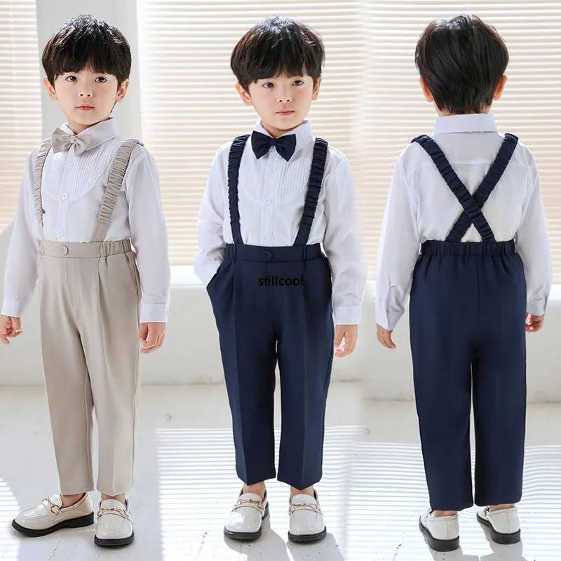 Setelan baju lengan panjang untuk anak laki-laki, seragam sekolah musim panas, baju lengan panjang, celana tali belakang, pakaian Formal, Blazer penampilan ulang tahun, pernikahan, anak laki-laki