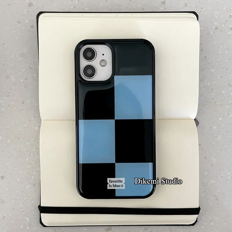 Korean ins Black and Blue Grid Minimalist Phone Case for iPhone 17 16 15 14 13 12 11 PRO MAX PLUS 17air 16e XR Drop Glue Cover view 4