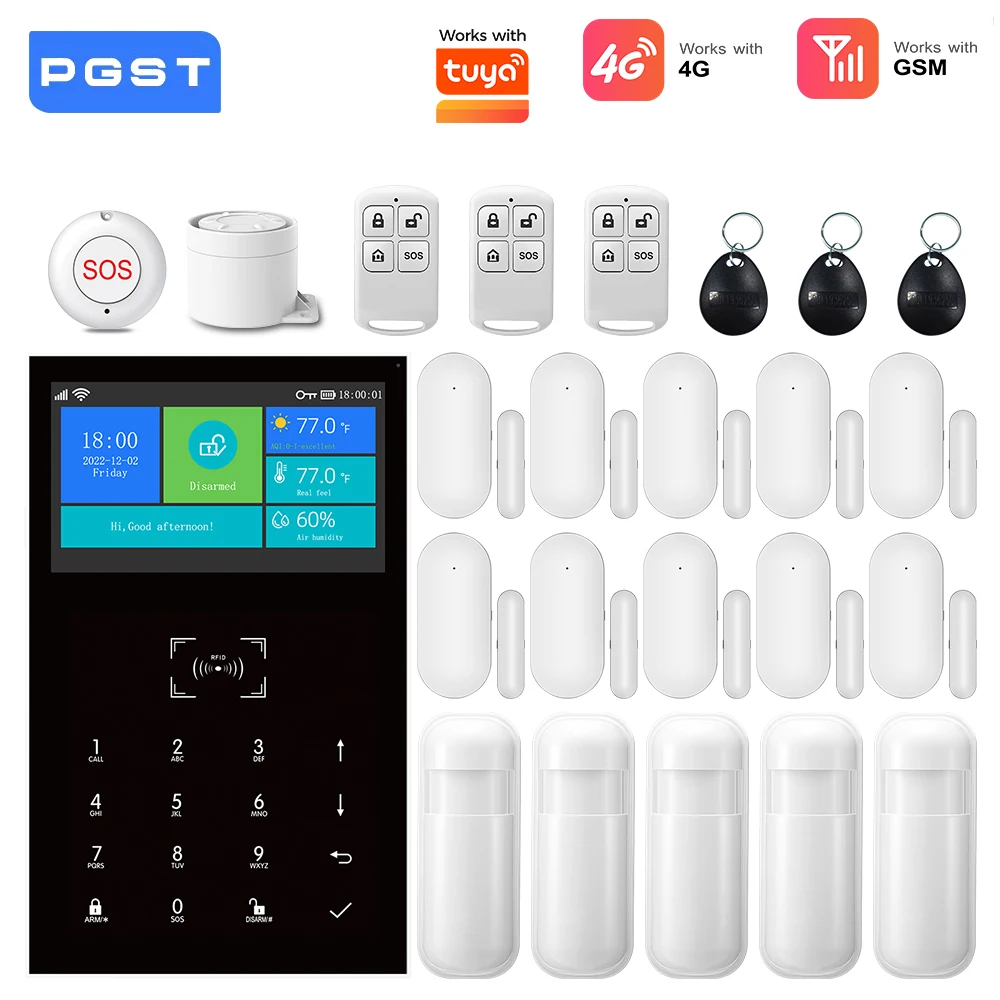 Sistema de Alarma WiFi 4G GSM Compatible con Tuya Smart Home, Kit de Seguridad Inalámbrico con Sensor de Puerta, Funciona con Alexa, Sin Cuota Mensual para el Hogar