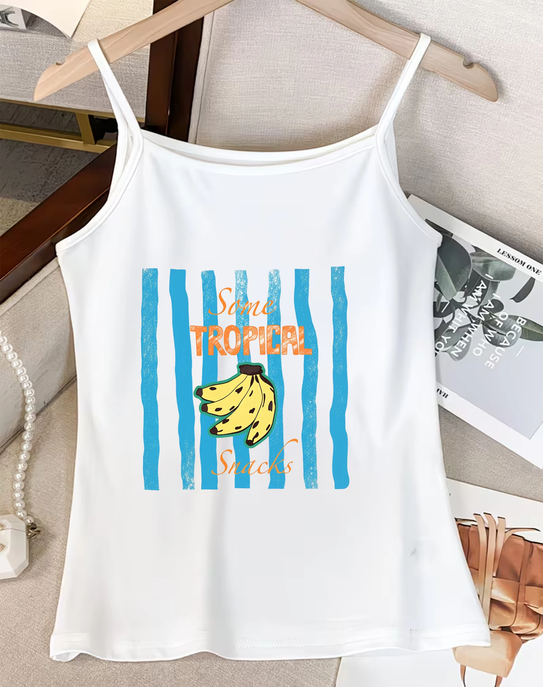 Vintage Blue Stripe Tropical Banana Letter Print Square Neck Cami Top Slim Sleeveless Casual Holiday Layering Tank Sling