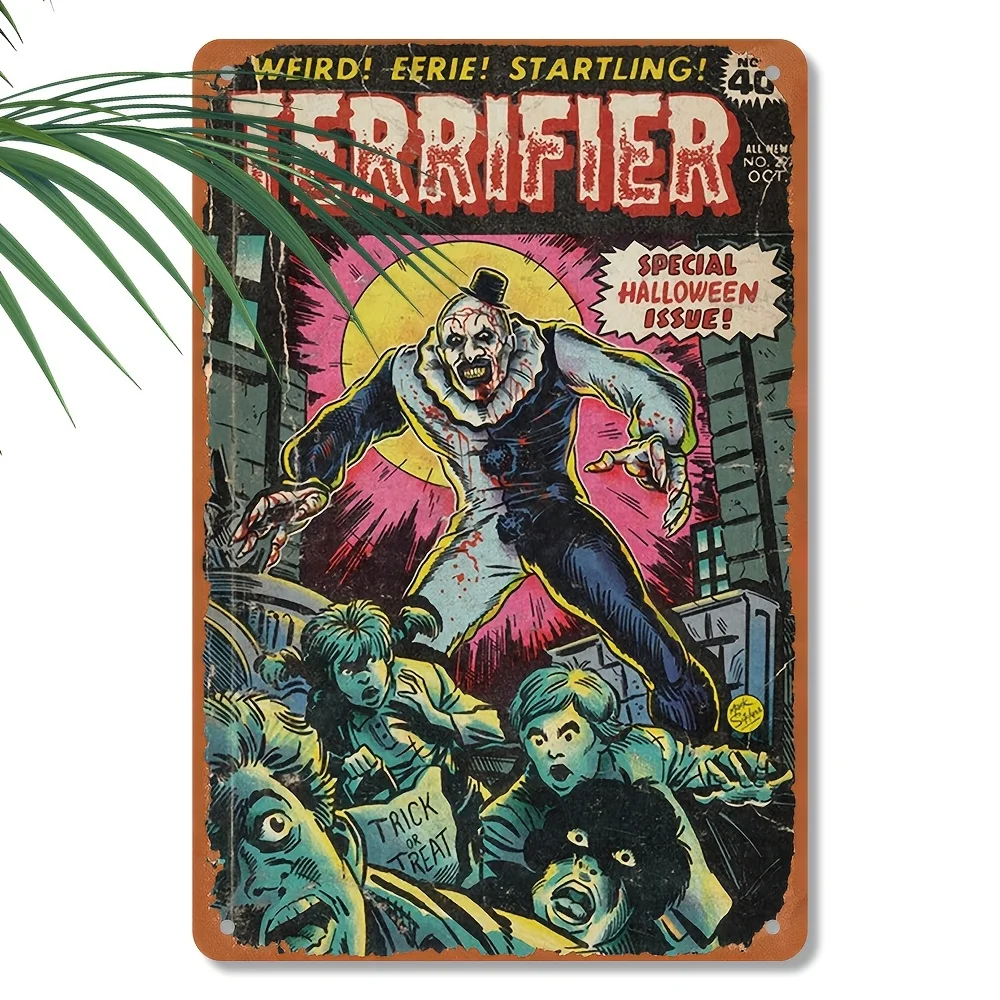 Letrero artístico de pared de metal con cómic de terror "Terrifier", decoración retro de hierro para el hogar, bar, cueva de hombre y fiesta de Halloween, duradero