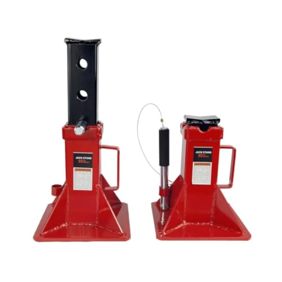 

Automotive jack stands for trucks, trailers, cars: pin-style lock, steel construction, black finish, 22-ton capacity, adjustabl