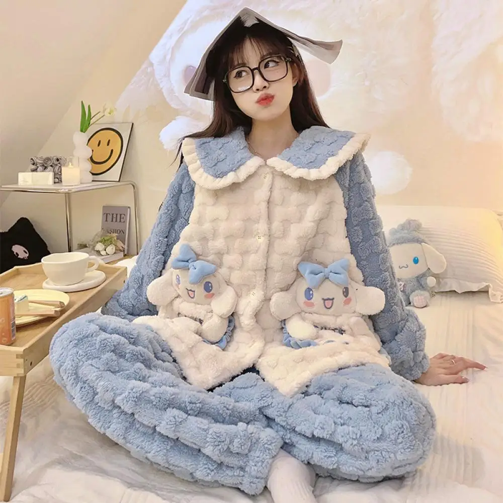 

Kawaii Cinnamoroll Kuromi Women's Pajamas Suit Sanrioed Anime Coral Velvet Thickened Long Sleeve Nightwear Girls Winter Homewear