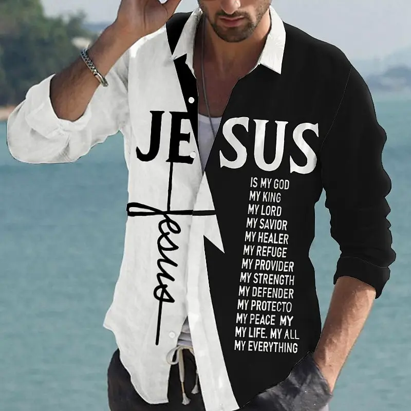 

Hot Sell Men's Shirts 3d Jesus Print Long Sleeved Shirts For Men Beach Party Blouse Loose Oversized Shirts Daily Casual Top 2024