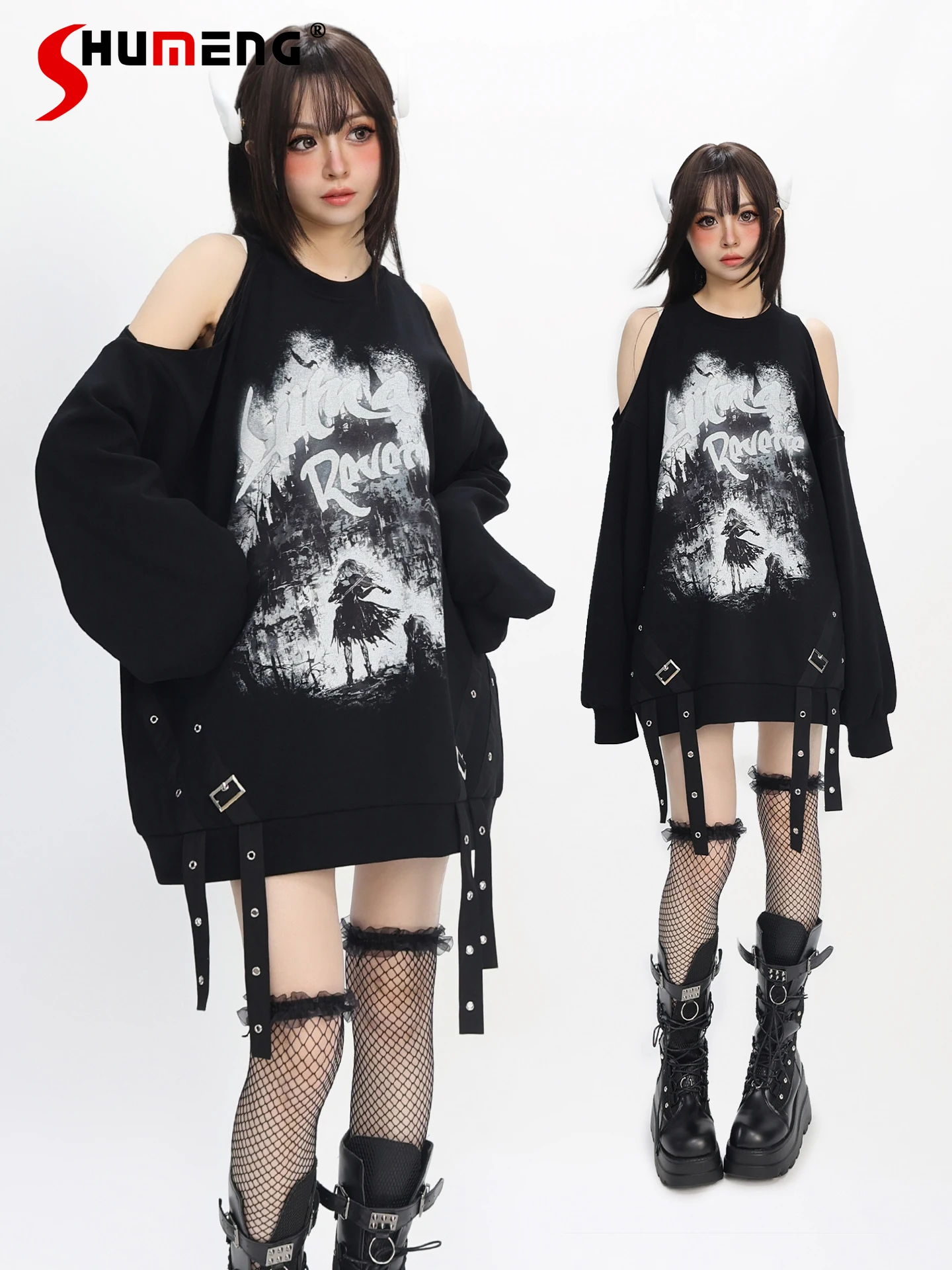 

Original Japanese Style Sweet Cool Subculture Round Neck Off-Shoulder Long Sleeve Loose Casual Pullovers Sweatshirt Women Autumn