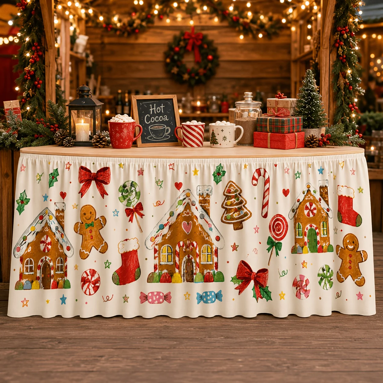 1 piece of tablecloth or table skirt. Children's hand-painted gingerbread Christmas table skirt. Gingerbread house.zyc
