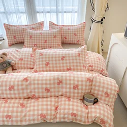 Pink Plaid Duvet Cover Set Kawaii Bowknot Girls Women Bedroom Dormitory Single Double Bedding with Solid Color Sheets 3/4pcs Set