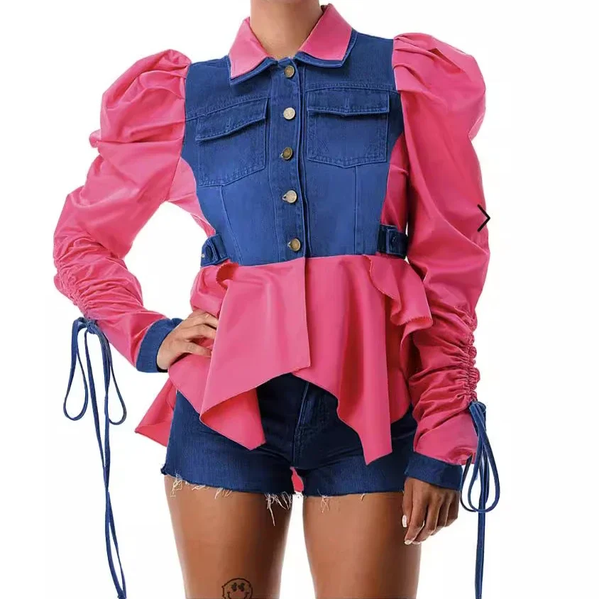 Women Shirt Denim Blouses Y2k Tops Turn Down Collar Shirt Shirts Irregularity High Waist Elegant Top Work Elegant Streetwear