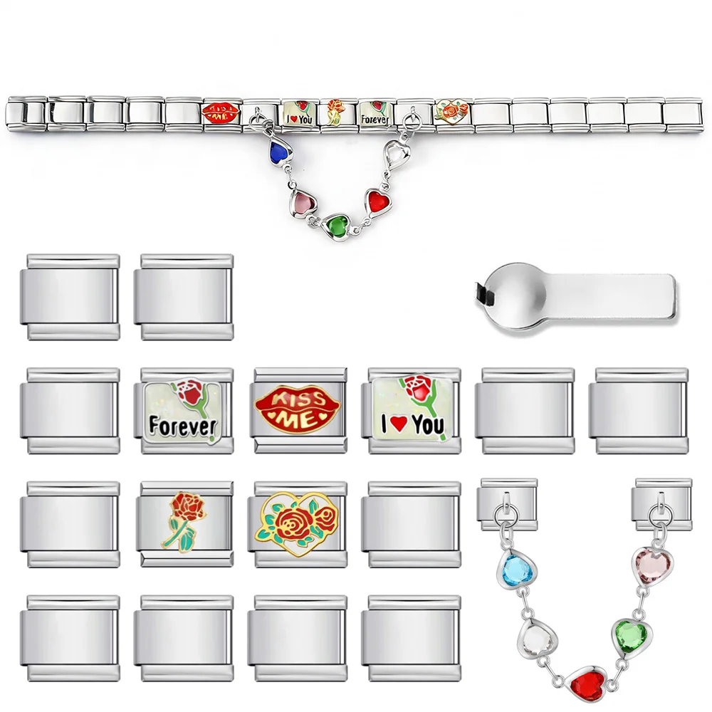 Conjunto de Ferramentas de Joias DIY em Aço Inoxidável 9mm Italian Foundation Cor Prata com Pingentes Flover Love You Kiss Me, Pacote com 18 Peças