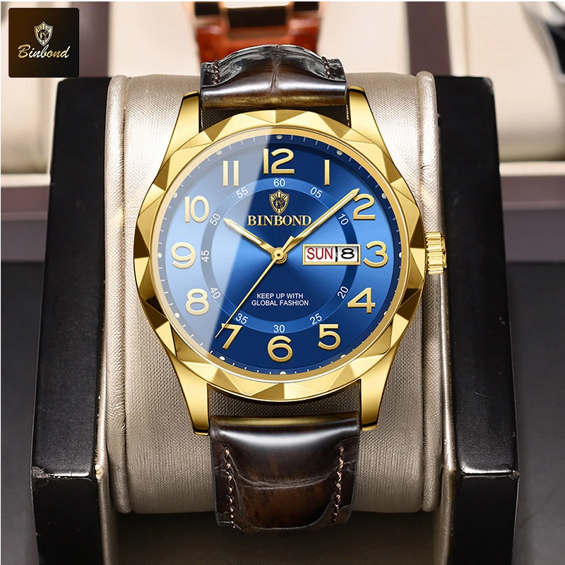 BINBOND B5663 쿼츠 신상 남성 캐주얼 스포츠 시계 남성용 레트로 빅 다이얼 시계 클래식 가죽 비즈니스 남성 시계
