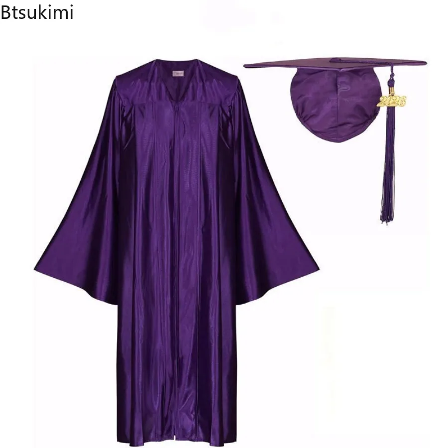 2026Solid Color Graduation Gown and Cap Set Women Men Bachelor Degree Ceremony Graduation Uniform Academic Dress with Tassel Hat