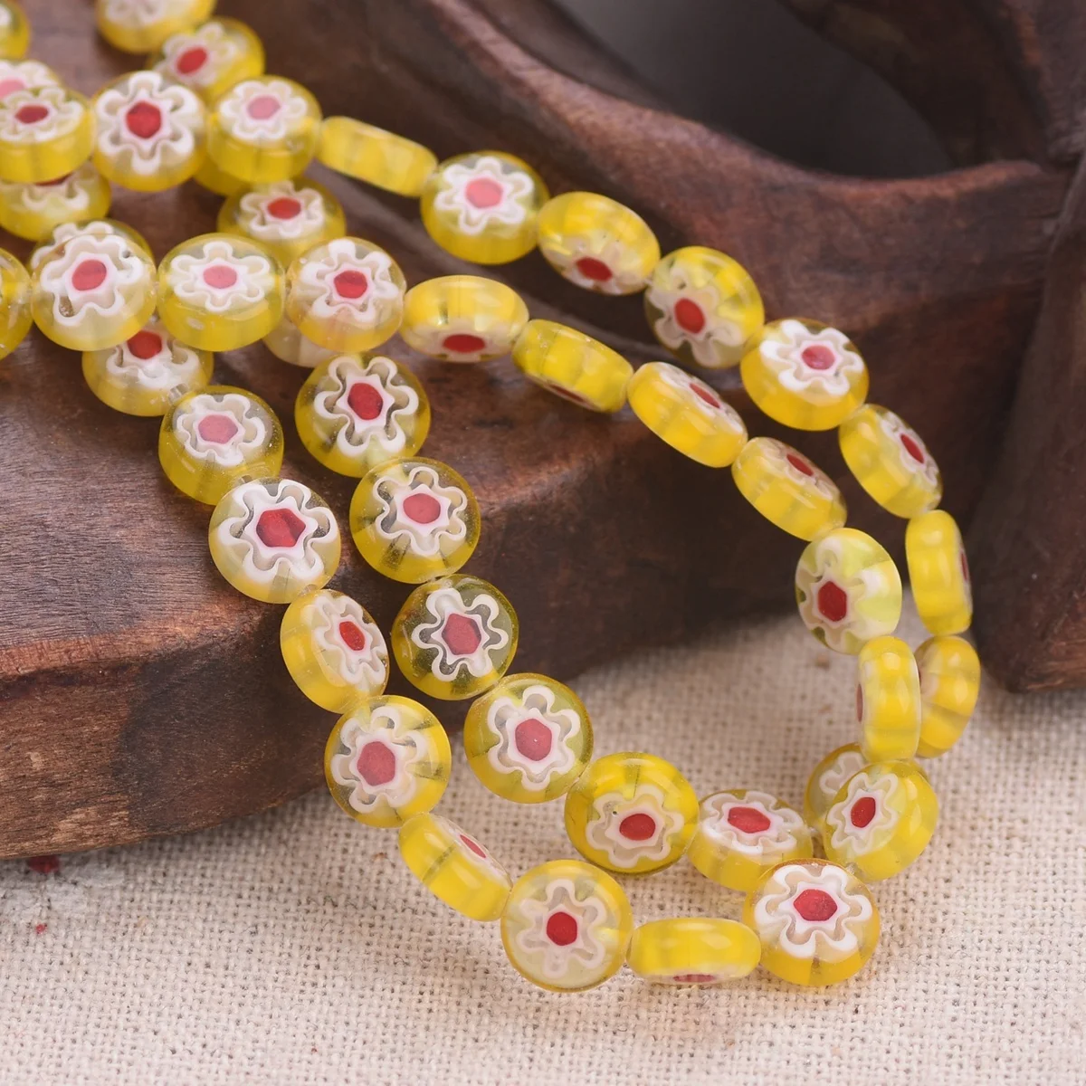 45pcs(1 Strand) Flat Round 8mm Yellow Floral Handmade Millefiori Glass Loose Beads Lot For Jewelry Making DIY Crafts Findings