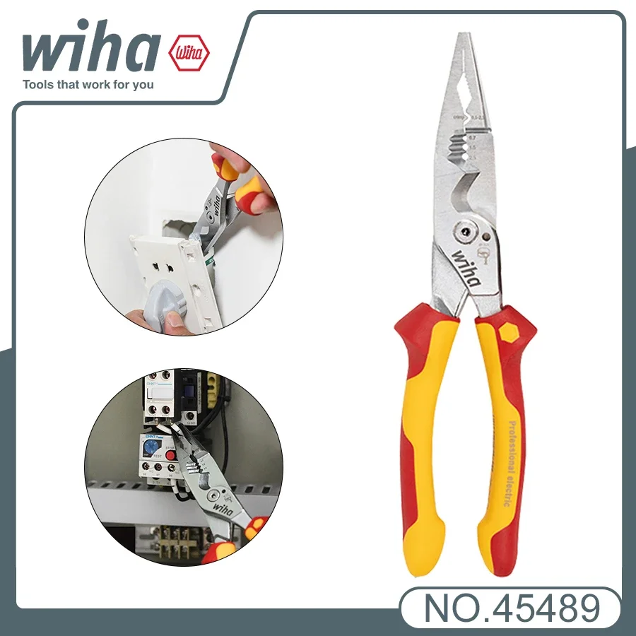 WIHA 45489 Electrician Plier 8-in-1 Multifunctional Insulated Wire Stripping Pliers with Wide Handle Design Easy Operation