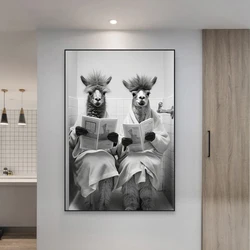 Modern Bathroom Prints Alpaca Sitting on Toilet Poster Animal on toilet Canvas Painting Bathroom Humor Home Wall Decoration