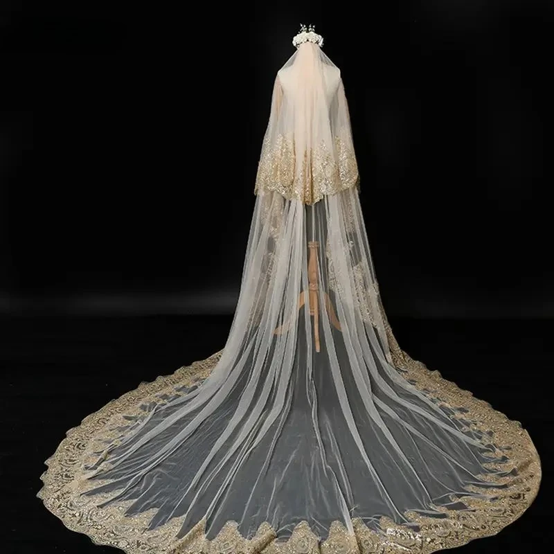 

New Arrival Champagne Lace Edge Wedding Veils Cathedral Bridal Veil 2025 3 Meter Velos de novia Bridal headwear