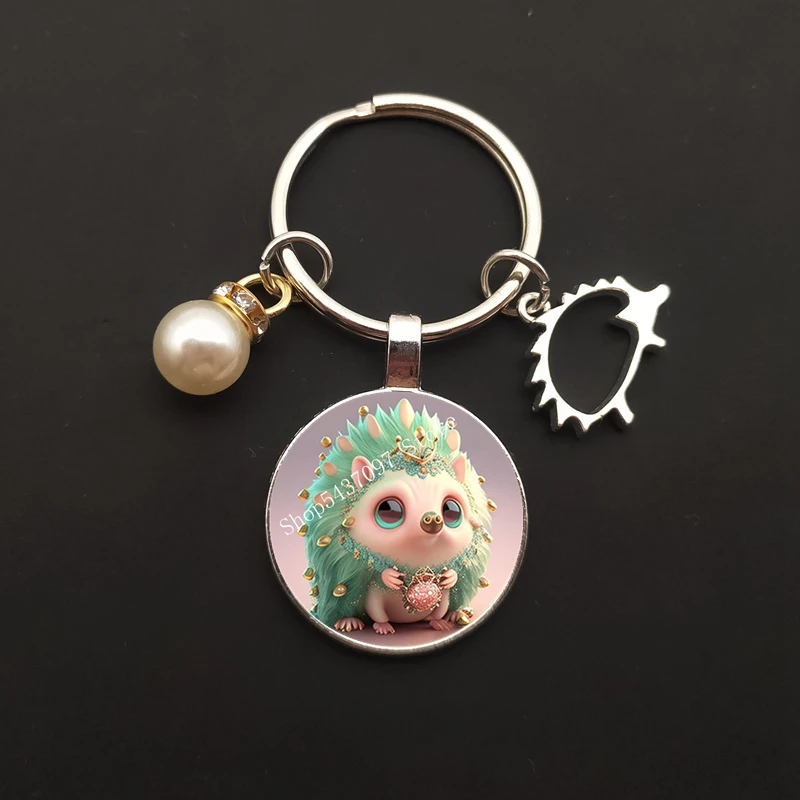 Cute Hedgehog Keychain Circular Glass Keychain Animal Keychain Women\'s and Men\'s Bags Car Accessories Creative Gift