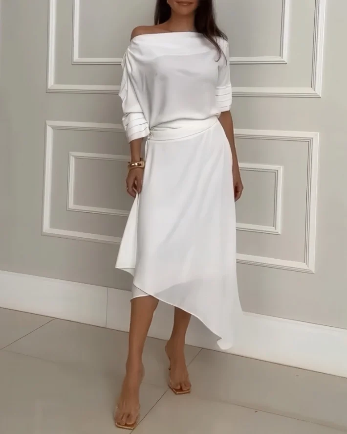 

Elegant 2-Piece Sets for Women 2 Piece Skew Neck Button Decor Top Asymmetrical Skirt Set