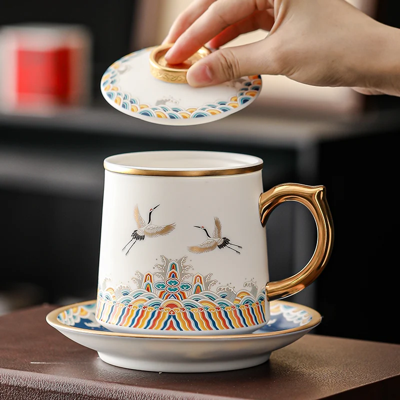 

Creative Ceramic Hand Drawn Pattern Cups, Household Office Items Porcelain Filtered Tea Water Separation, Mugs Plate Combination