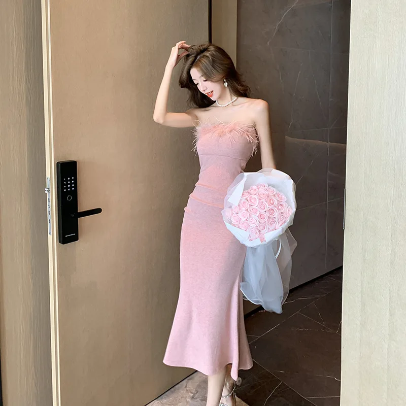 

Sexy Strapless Women's Dress Backless High Waist Slim Elegant Solid Pink Dress Autumn and Winter New Long Dresses for Women