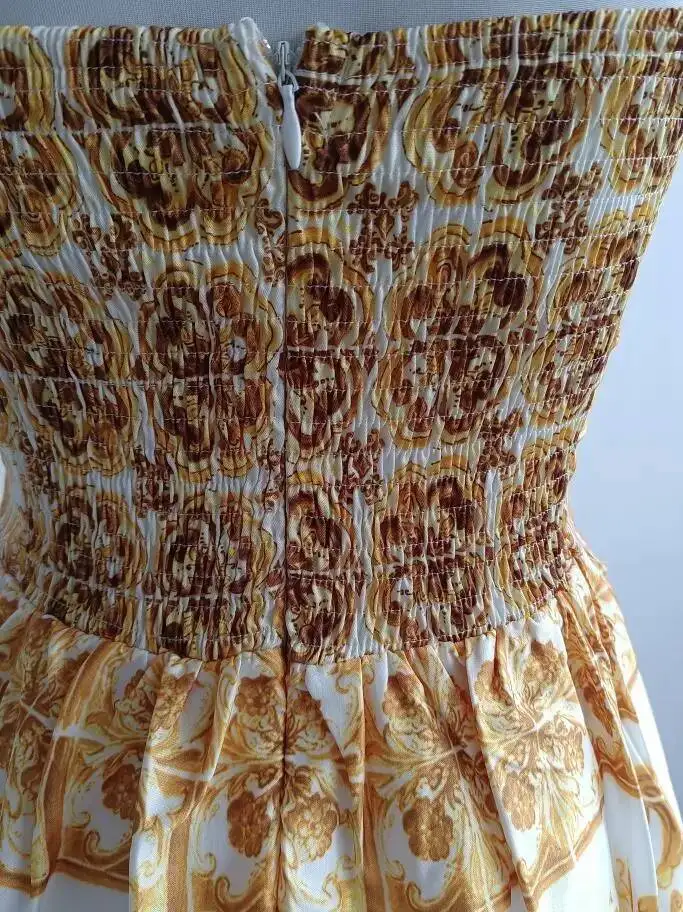 Summer Holiday Yellow Print Midi Beach Dress Women Spaghetti Strap Elastic Backless Red White Porcelain Flower Sundress