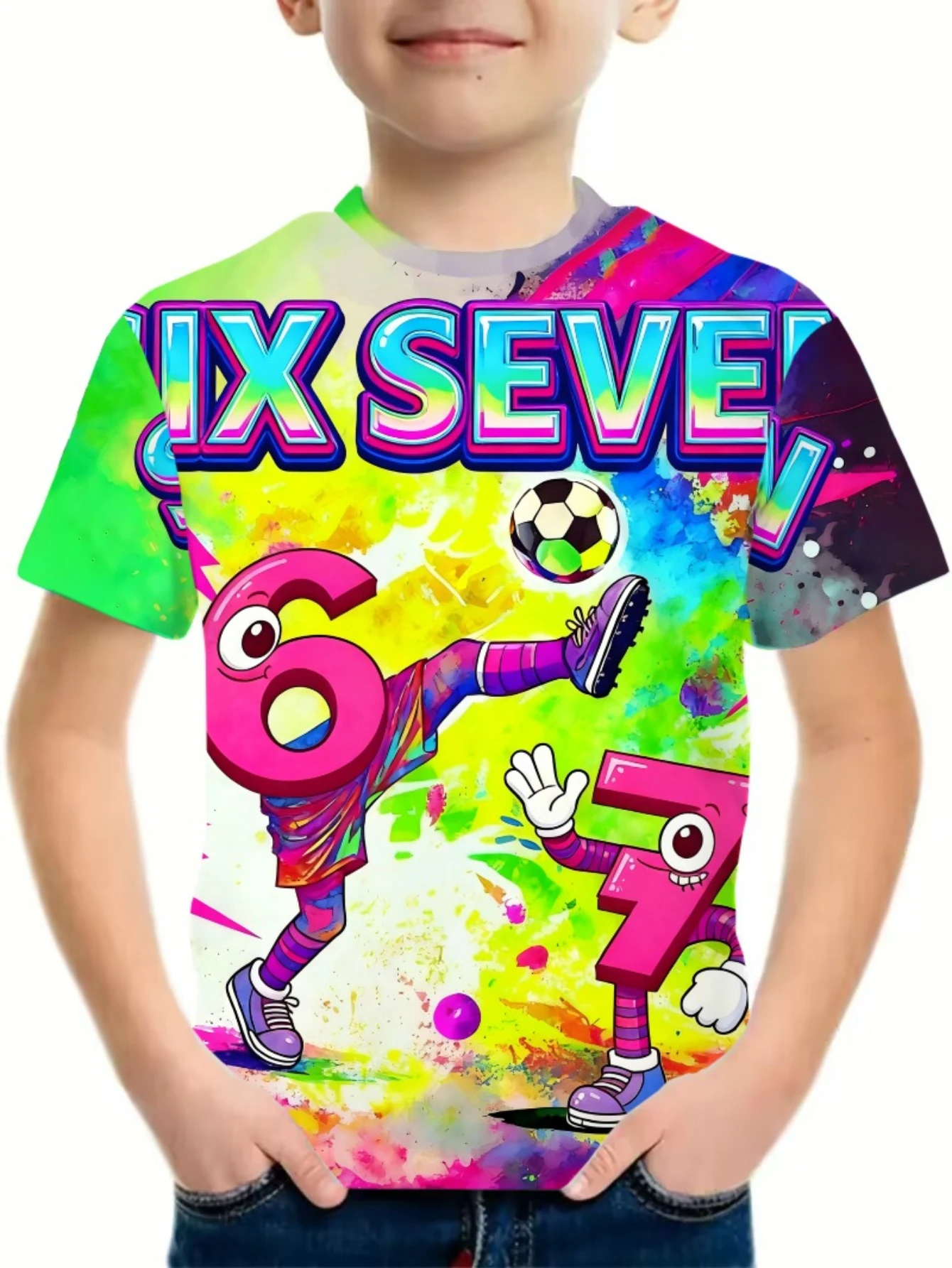 Paint‑Splash Cartoon Soccer Kids T‑Shirt, Boys Fun 67 Number Character Football Graphic Short Sleeve Crew Neck Casual Summer Top
