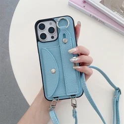 Crossbody Wrist Strap with Card Holder Phone Case for IPhone 16 15 14 Plus 13 12 11 8 7 Pro XS Max X XR Leather Ring Stand Cover